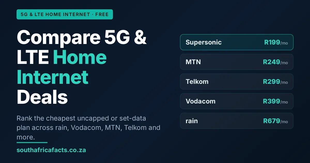 Compare 5G and LTE Home Internet Deals tool card listing sample monthly prices from Supersonic, MTN, Telkom, Vodacom and rain in South Africa.