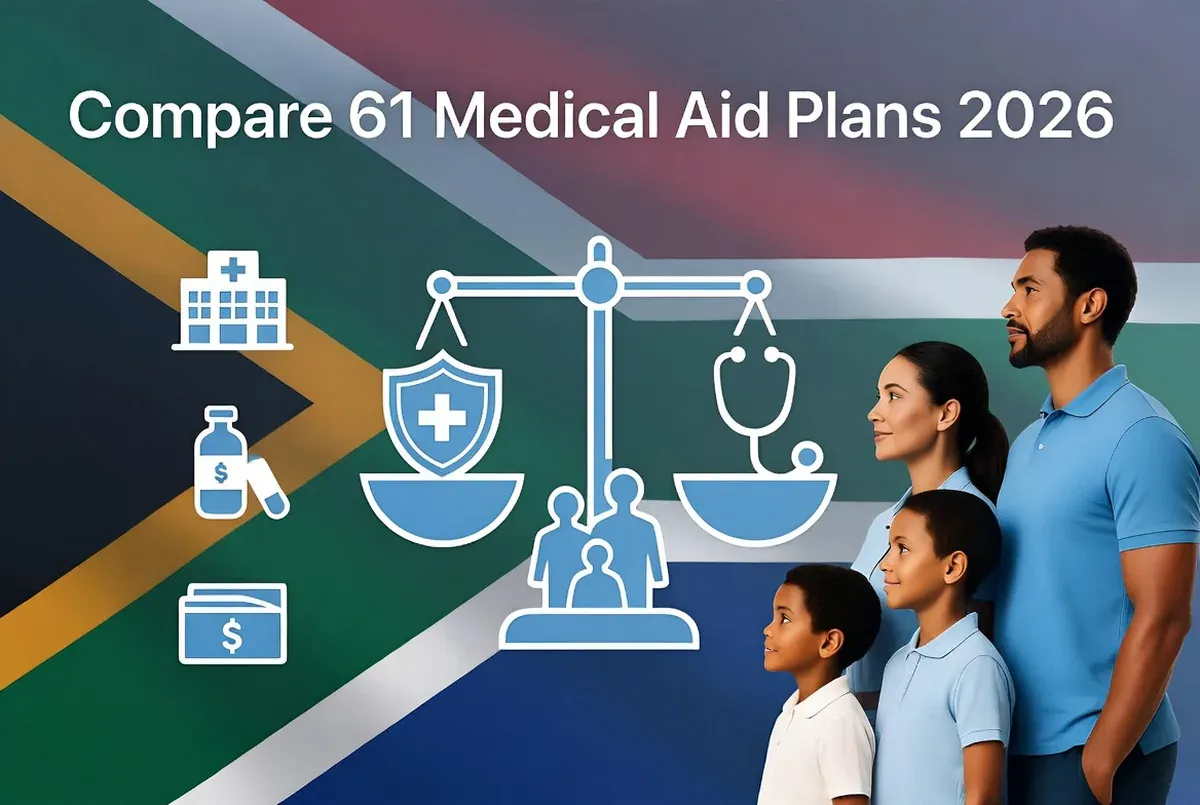 Compare 61 medical aid plans for 2026, a South African family with healthcare balance scale icons on a South African flag background