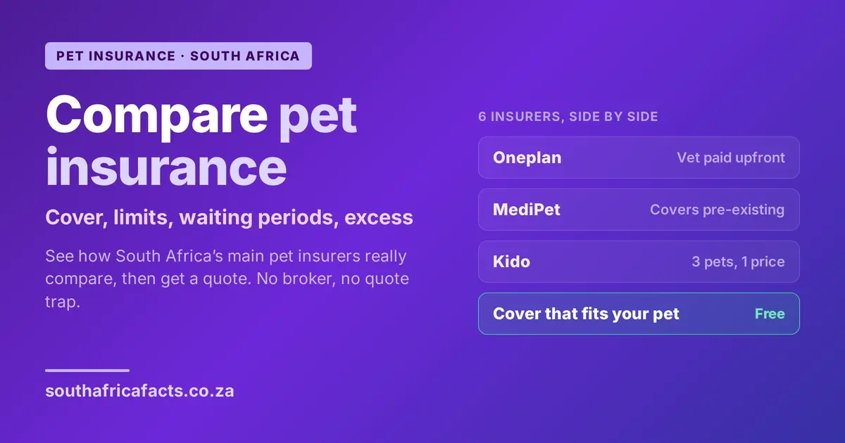 Compare pet insurance in South Africa, showing insurers like Oneplan, MediPet and Kido side by side on cover, annual limits, waiting periods and excess.