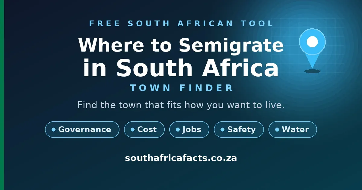 Graphic for the Where to Semigrate in South Africa Town Finder, a location pin over a faint map, with the words Governance, Cost, Jobs, Safety and Water.