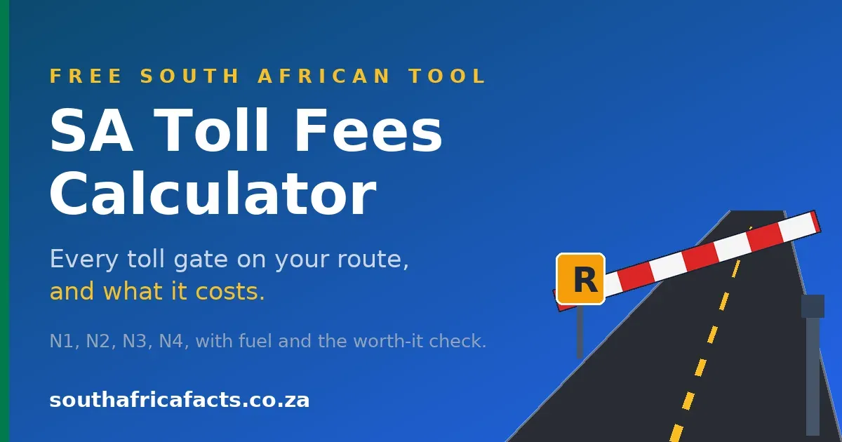 Illustration of a South African toll boom barrier and a rand sign over a tar road, for the SA Toll Fees Calculator