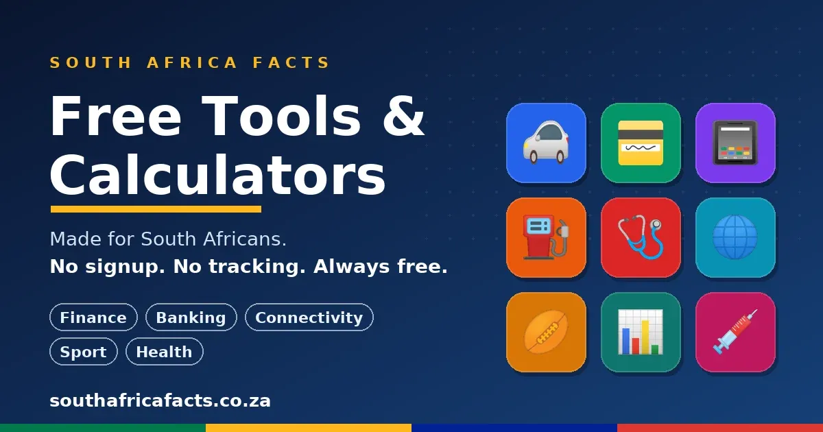 Free Tools and Calculators for South Africans, a grid of app icons for car costs, banking, data, fuel, medical aid and fixtures in SA flag colours.