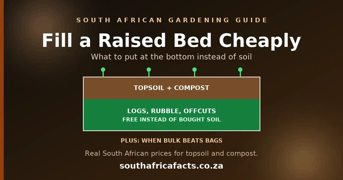 The cheapest way to fill a raised garden bed in South Africa, showing a base-fill layer of logs and rubble under topsoil and compost, and bagged versus bulk soil buying.