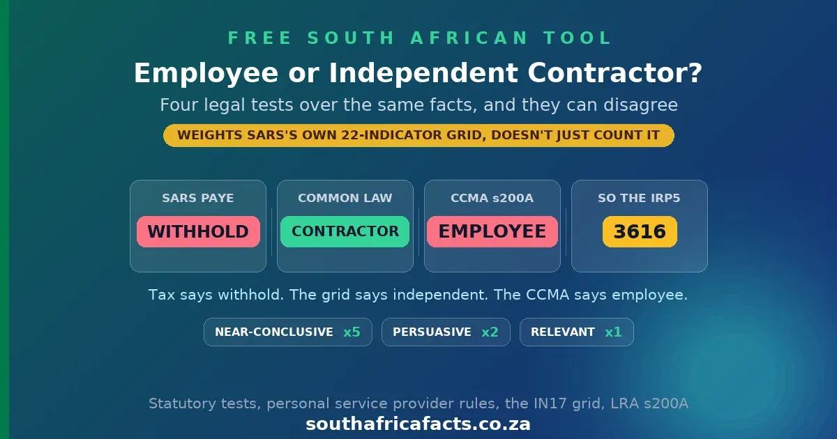 Employee or Independent Contractor checker for South Africa: four verdict panels that disagree, SARS says withhold, common law says contractor, the CCMA says employee, IRP5 code 3616.