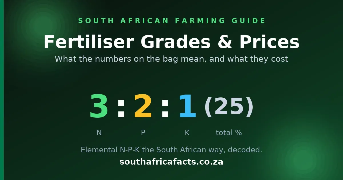 Fertiliser grades and prices in South Africa explained, decoding N-P-K numbers like 3:2:1 on the bag and comparing the cost of common products.