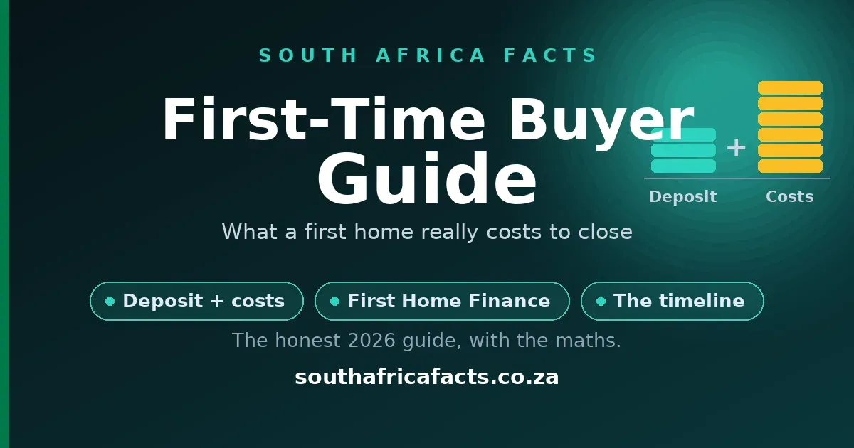 First-time home buyer guide South Africa, a house key next to a stack of coins representing the deposit and closing costs a buyer needs in cash.
