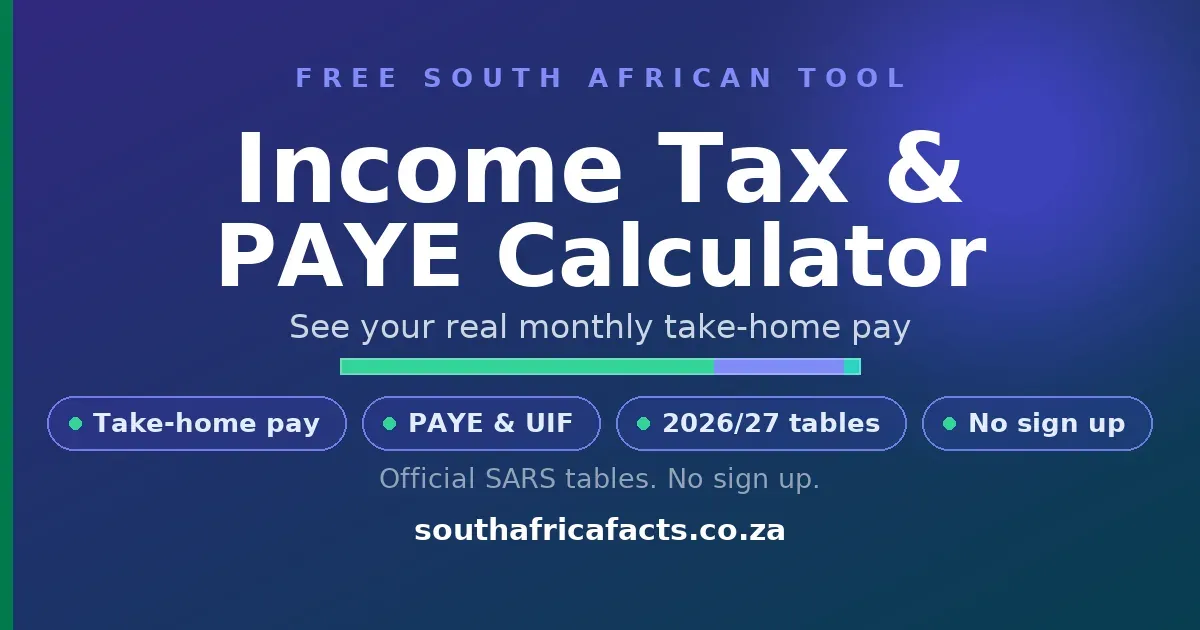 Income tax and PAYE calculator for South Africa, showing your monthly take-home pay, tax and UIF for the 2026/27 tax year.