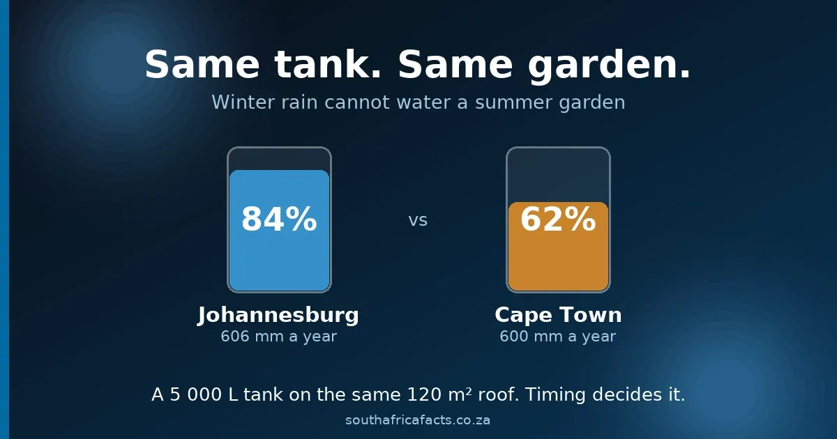 Two water tank diagrams side by side, Johannesburg filled to 84 percent and Cape Town to 62 percent from the same roof and tank