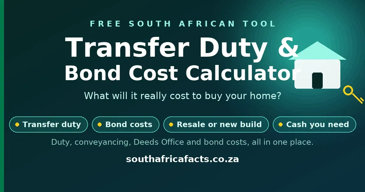 Transfer duty and bond cost calculator for South Africa, showing the total cash cost of buying a home including transfer duty, conveyancing, Deeds Office and bond costs.