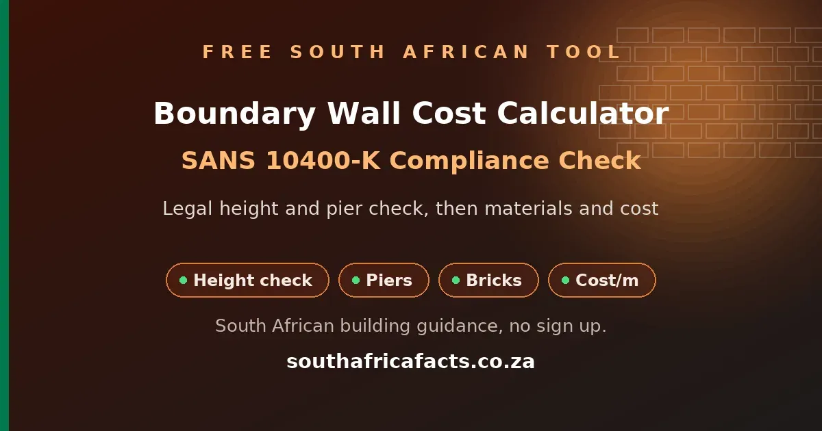Boundary wall cost calculator for South Africa, checking SANS 10400-K height and pier compliance, then bricks, mortar, footing concrete and cost per metre.
