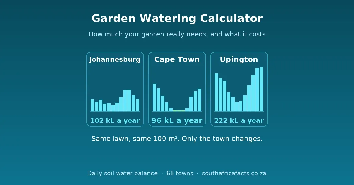 Garden Watering Calculator: monthly water need for a lawn in Johannesburg, Cape Town and Upington