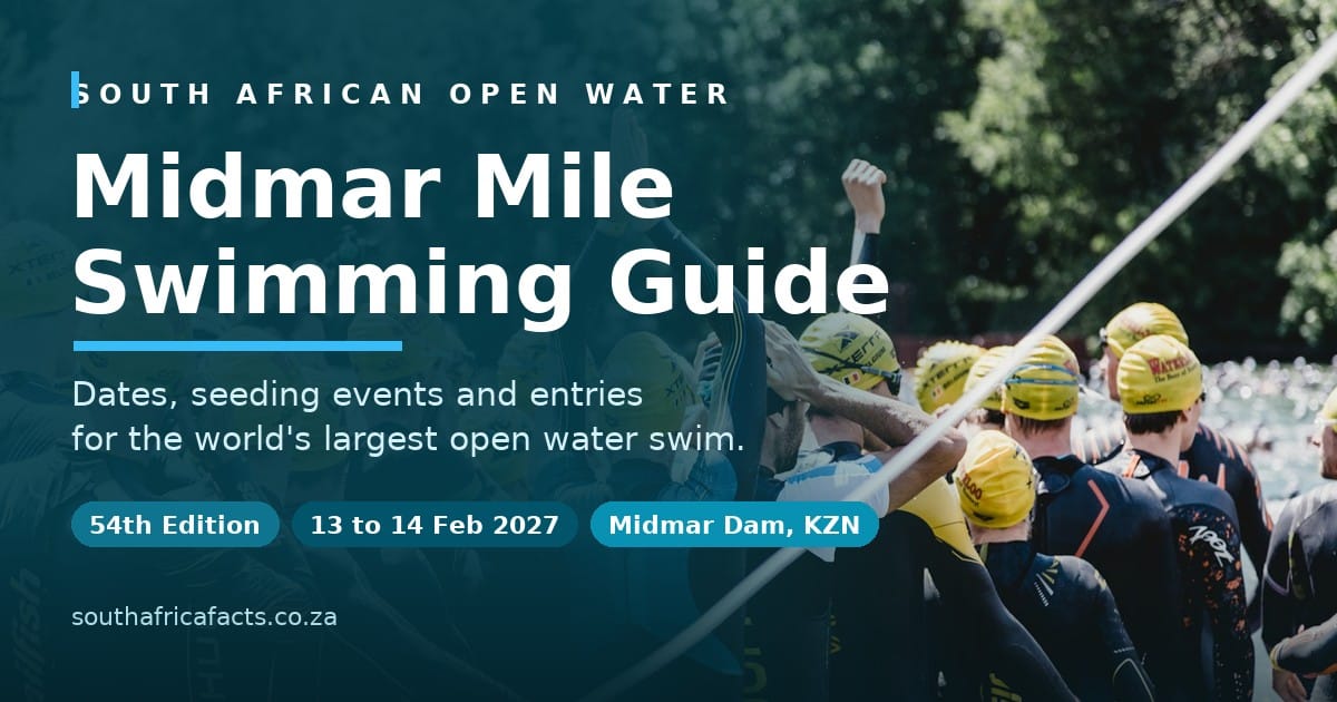 Mass start of an open water swim with dozens of swimmers in wetsuits and caps entering the water together, illustrating the scale of the Midmar Mile.