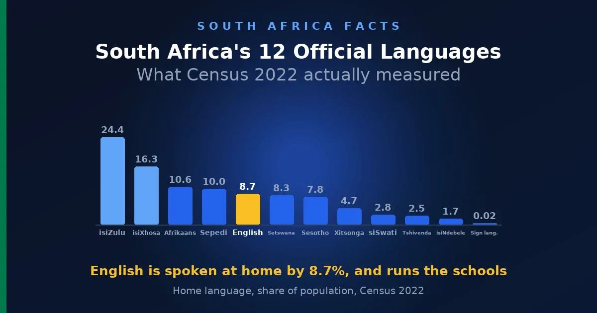 Bar chart of South Africa's twelve official home languages from Census 2022, isiZulu highest at 24.4% and English highlighted at 8.7%.